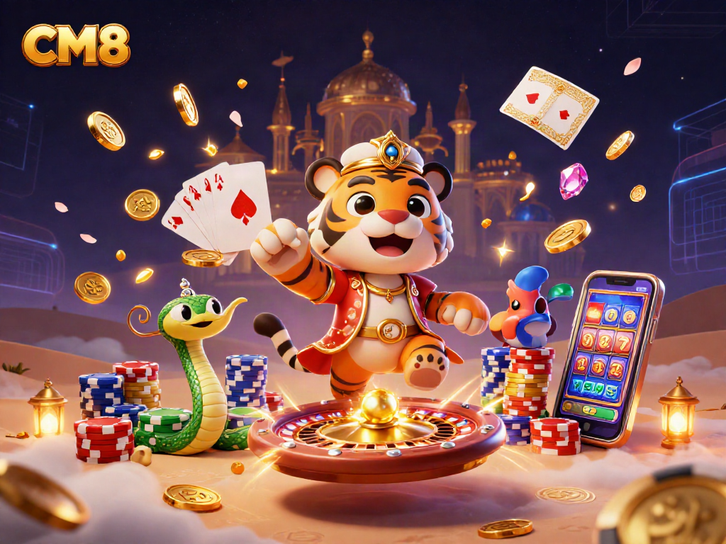 Win big with CM8 in this vibrant casino-themed digital illustration featuring epic gaming elements.