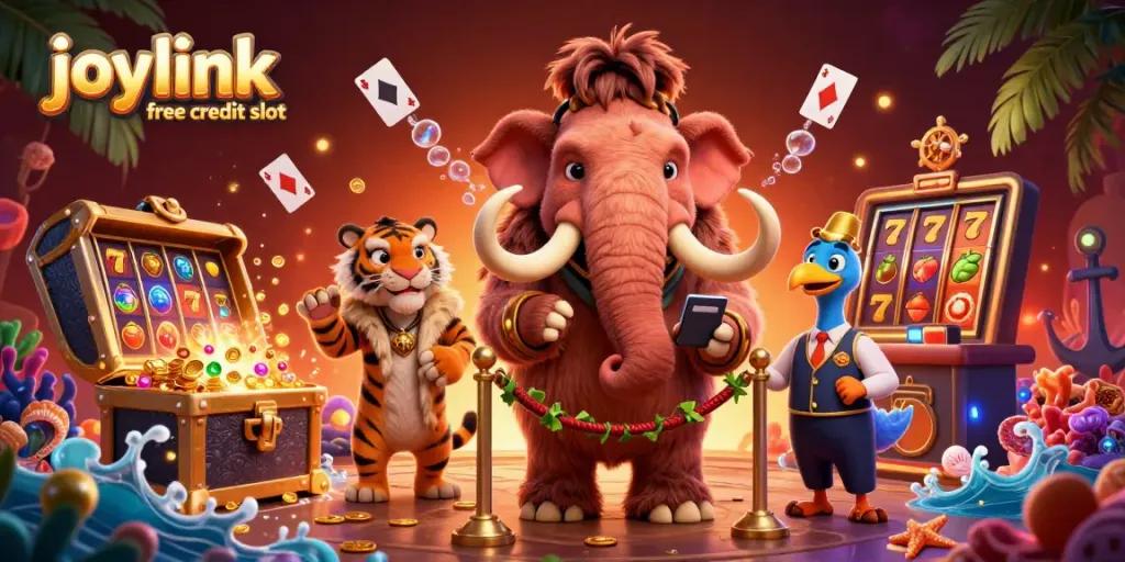 Join the excitement with joylink free credit slot as a woolly mammoth bouncer checks IDs at a vibrant casino entrance.
