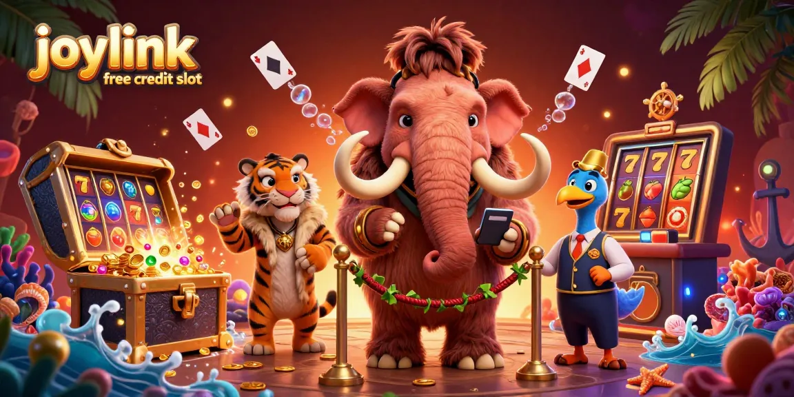 Join the excitement with joylink free credit slot as a woolly mammoth bouncer checks IDs at a vibrant casino entrance.