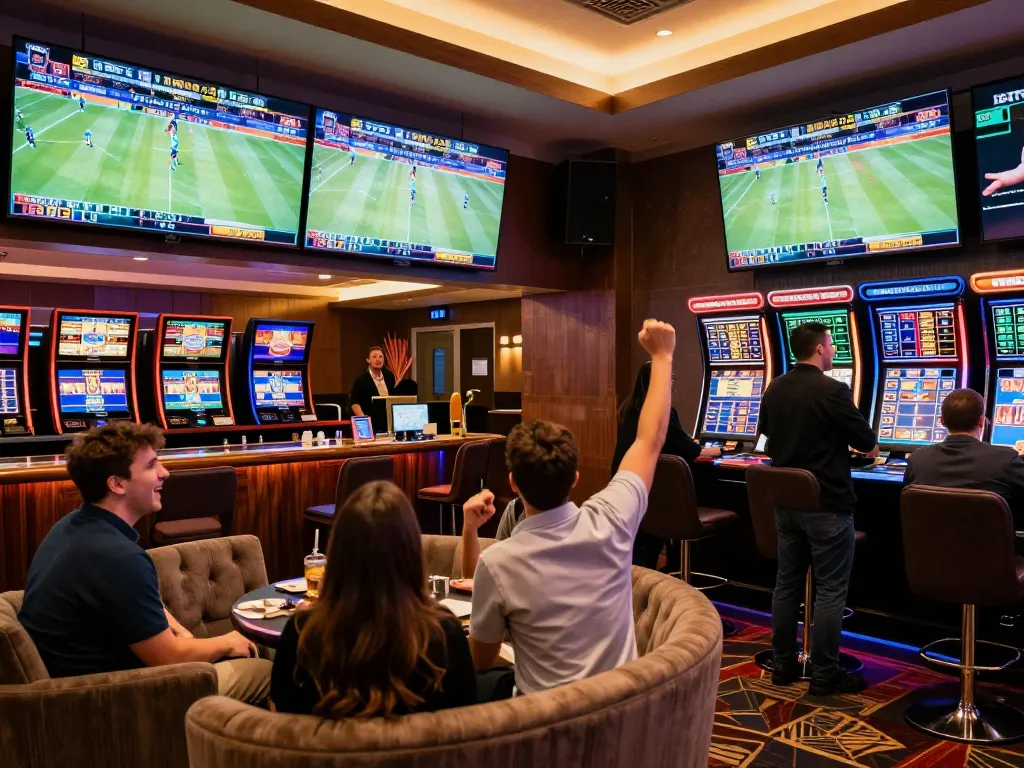 CM88 sports bettors engaging with live games and betting odds in an upscale casino lounge.