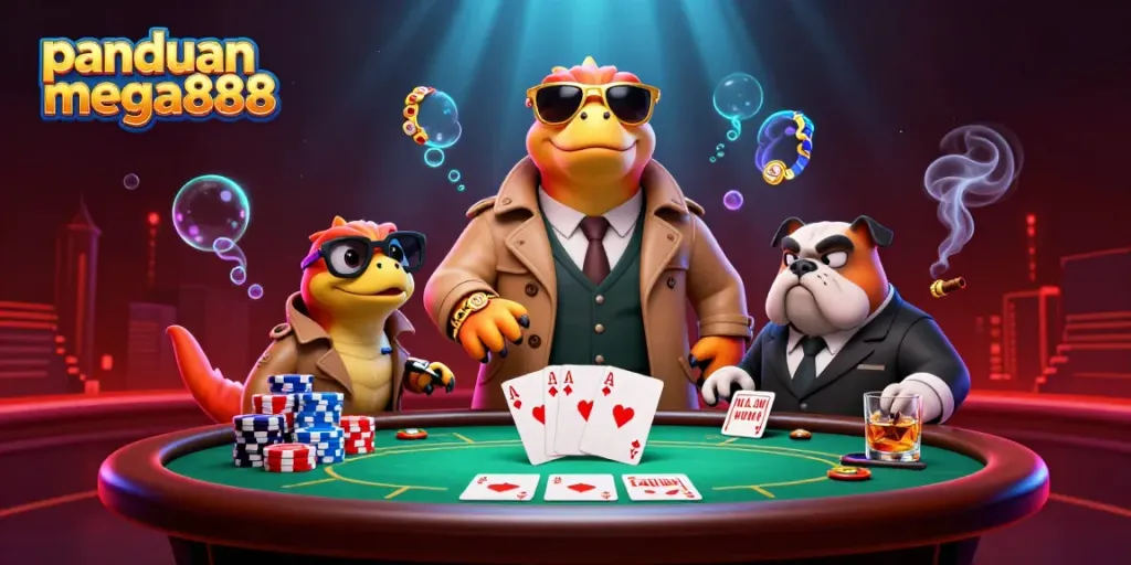 Engage with panduan mega888 through a 3D cartoon scene with raptors in a trench coat at a casino.