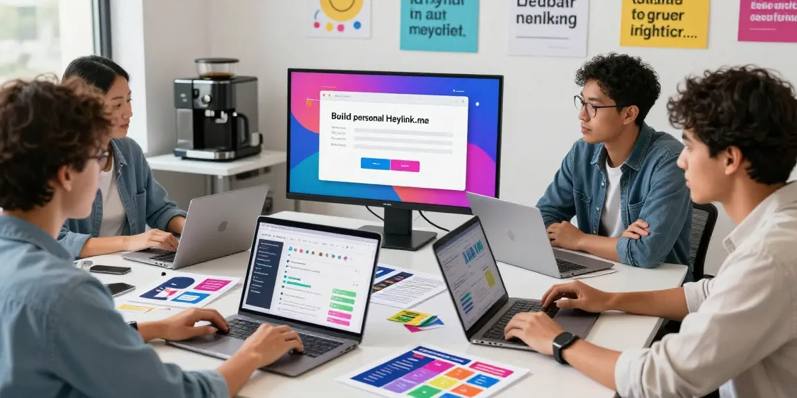 Tim digital marketing berkolaborasi di kantor modern membahas GEGESLOT untuk membuat Heylink.me.