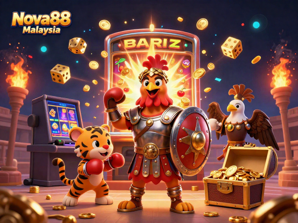 Experience the excitement of Nova88 Malaysia with a dynamic 3D illustration showcasing thrilling casino games and partners.