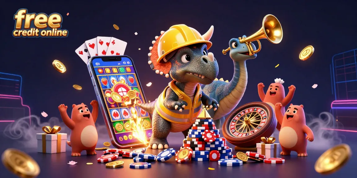 Experience free credit online with a triceratops and friends in a vibrant casino setting, celebrating big wins.