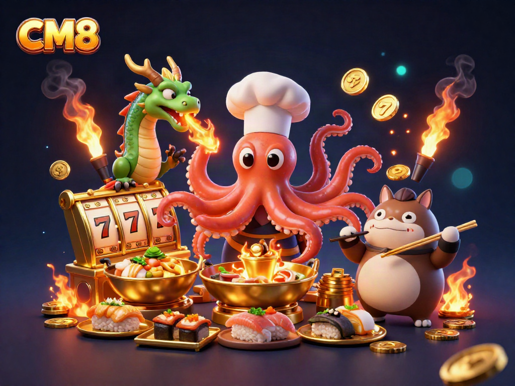 Win big at CM8 with a dynamic 3D casino scene featuring interactive characters and gaming elements.