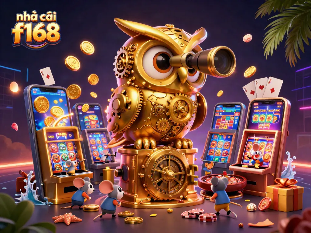 Engage in thrilling games at nhà cái f168, featuring a vibrant 3D casino scene with animated characters.