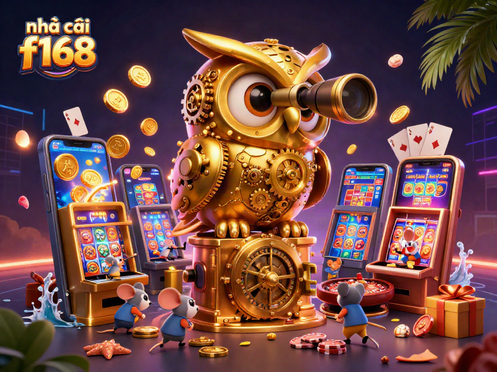 Engage in thrilling games at nhà cái f168, featuring a vibrant 3D casino scene with animated characters.