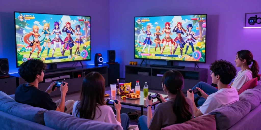 Group of friends enjoying an ecchi game on a large screen in cozy gaming lounge.