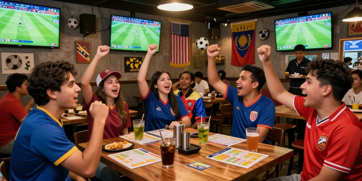 Fans enjoying Football Betting Malaysia at a lively sports bar with screens showing matches.