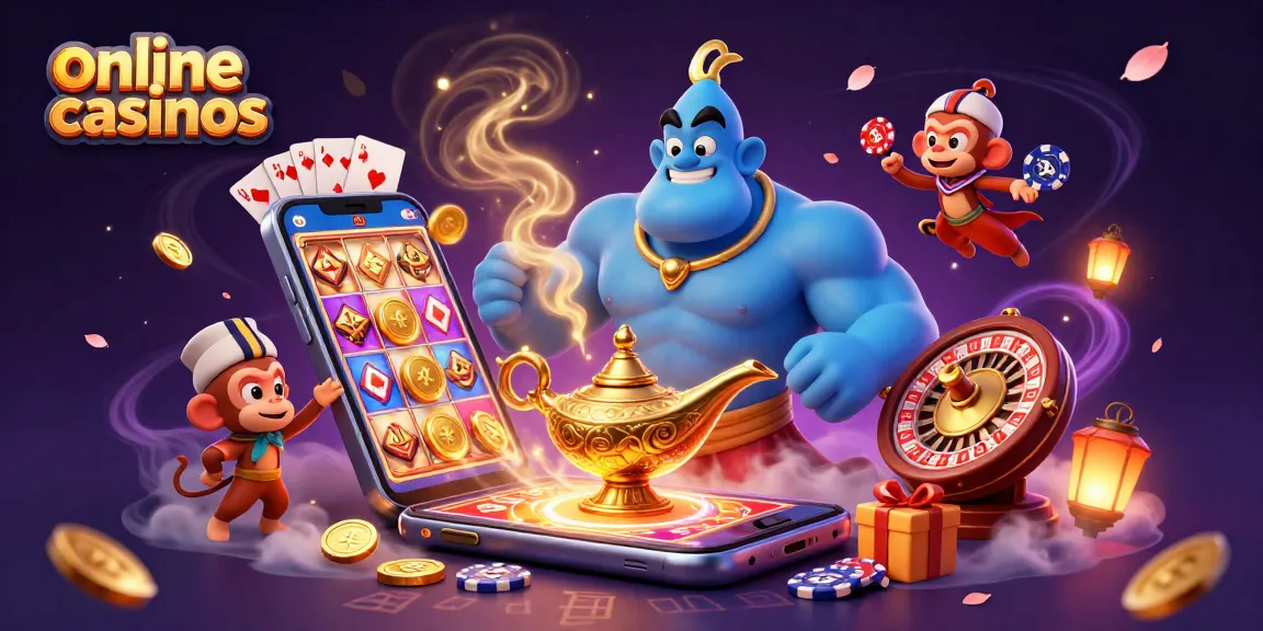Experience thrilling gameplay at online casinos with a genie, poker chips, and a vibrant slot game scene.